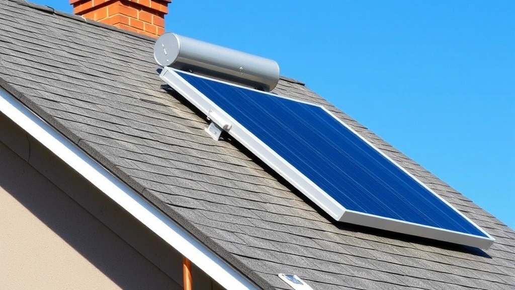 Rooftop installation showing a rectangular solar collector mounted at an angle on residential asphalt shingles, with copper piping running down the side of the house toward ground level, clear blue sky in background