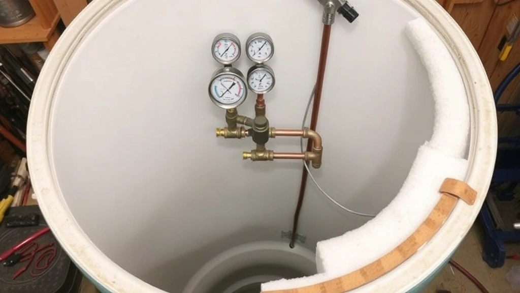 Interior view of an insulated water storage tank with temperature and pressure gauges mounted on top, copper piping connections visible, foam insulation wrap partially installed, workshop setting with tools nearby