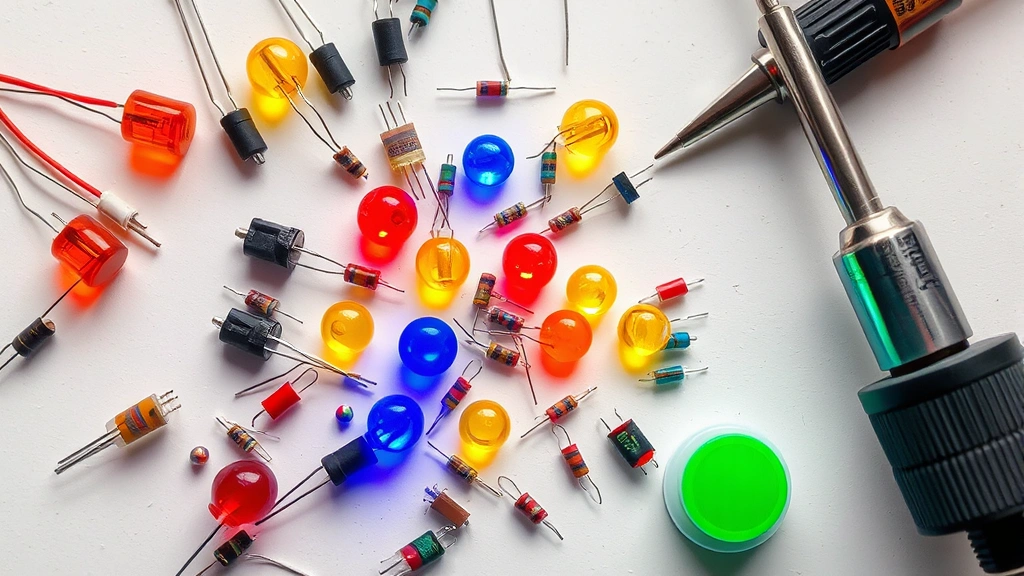 Close-up overhead view of colorful electronic components including red, yellow, blue, green LEDs, resistors, capacitors, and push buttons arranged on white workbench surface with soldering iron visible in corner