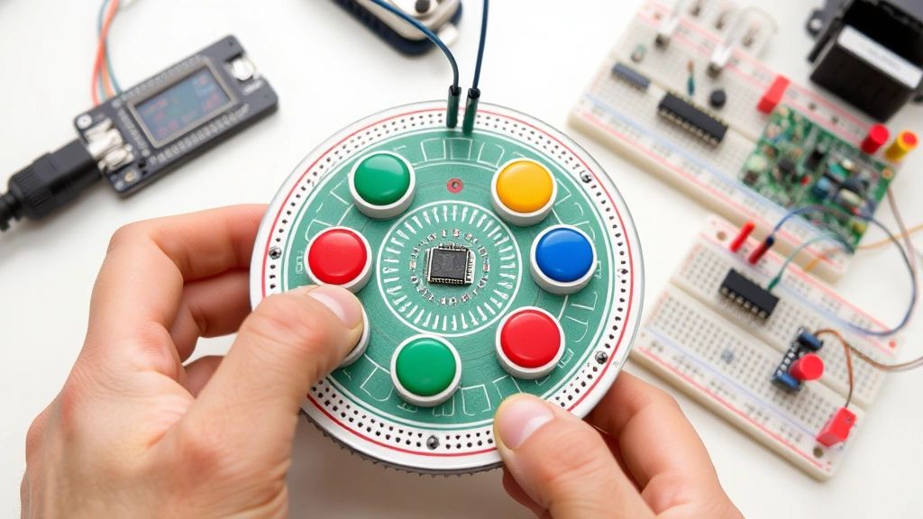 Hands assembling a circular Simon game circuit board with four colored buttons visible, partially soldered components, breadboard prototype in background showing LED and button connections