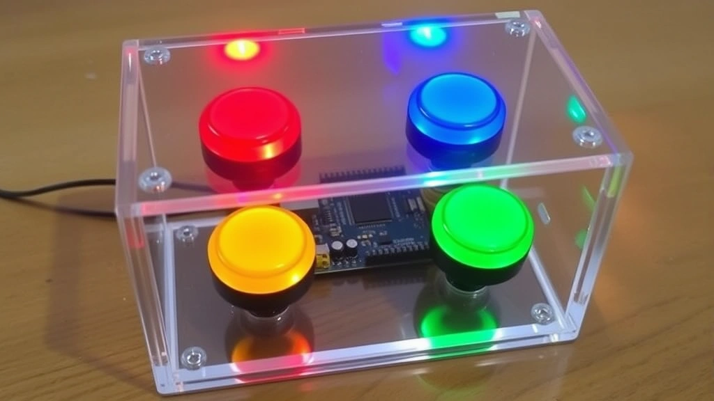 Completed DIY Simon game device with four illuminated colored buttons (red, yellow, blue, green) in circular arrangement, mounted in transparent acrylic enclosure, displayed on wooden table with Arduino microcontroller visible inside