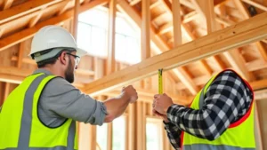 Professional building inspector in hard hat and safety vest examining structural framing and wooden beams inside residential construction, natural daylight from windows, measuring and checking alignment