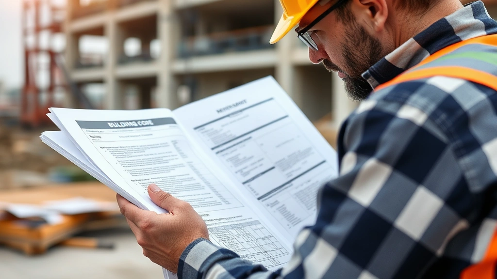 Close-up of building inspector reviewing International Building Code documentation at construction site, studying code requirements with serious concentration, clipboard and notes visible