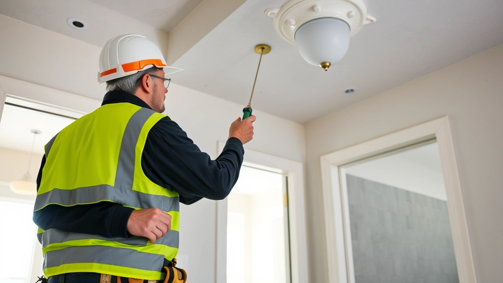 Building inspector performing final walkthrough inspection of completed residential home interior, checking electrical outlets, door frames, and ceiling fixtures with professional inspection tools