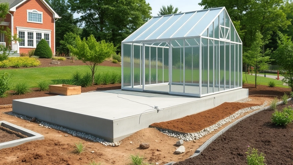 Photorealistic greenhouse foundation showing concrete slab with proper slope, gravel base layer visible, and drainage preparation in progress at residential garden site