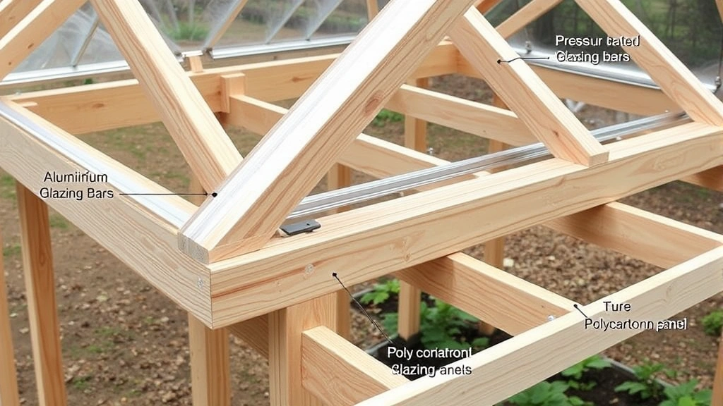 Detailed view of greenhouse frame assembly with pressure-treated lumber, aluminum glazing bars, polycarbonate panels being installed, and proper fastener placement