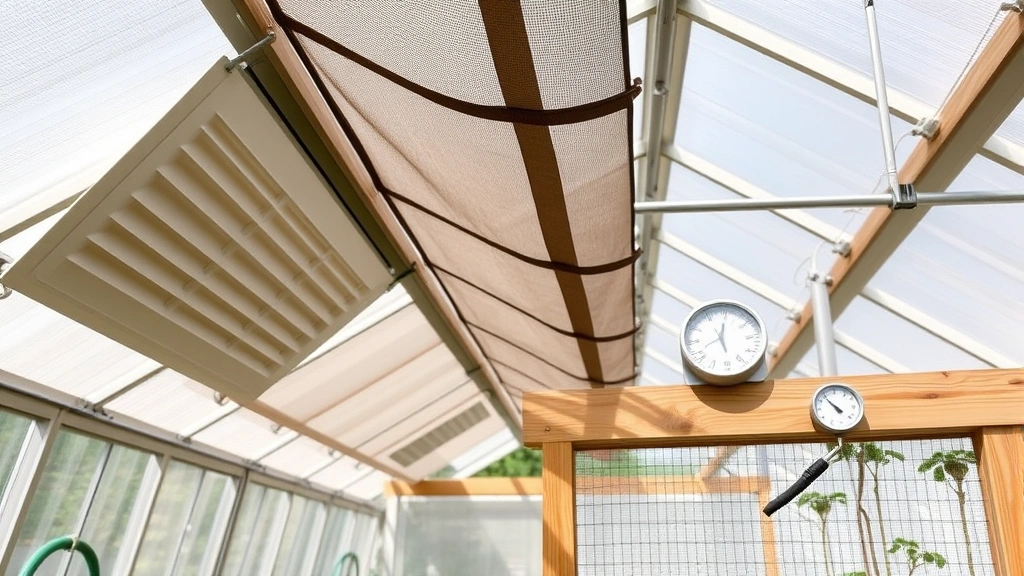 Interior greenhouse scene showing ventilation louvers, shade cloth system, drip irrigation setup, and thermometer mounted on wooden frame in sunlight