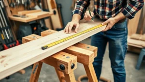 Professional carpenter measuring and marking pressure-treated lumber on sawhorses with tape measure and pencil, workshop setting with organized tools