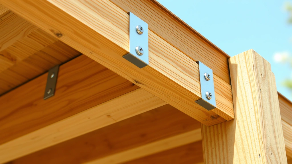 Close-up of pressure-treated wooden deck framing with metal joist hangers securing 2x8 joists to a rim board, showing proper fastening and spacing in bright daylight