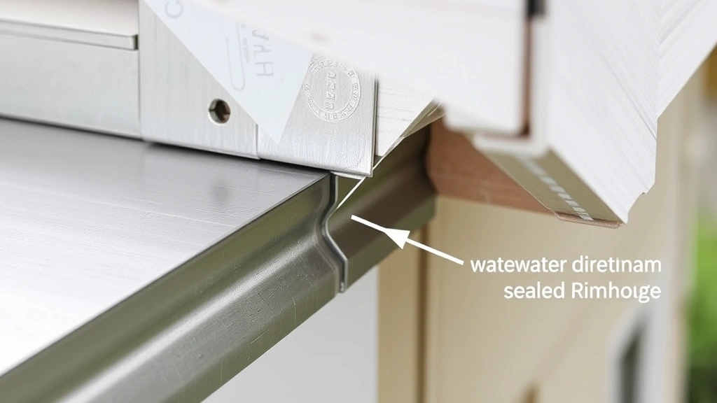 Detail shot of metal flashing installed where ledger board connects to house rim joist, showing proper water drainage direction and sealed connections