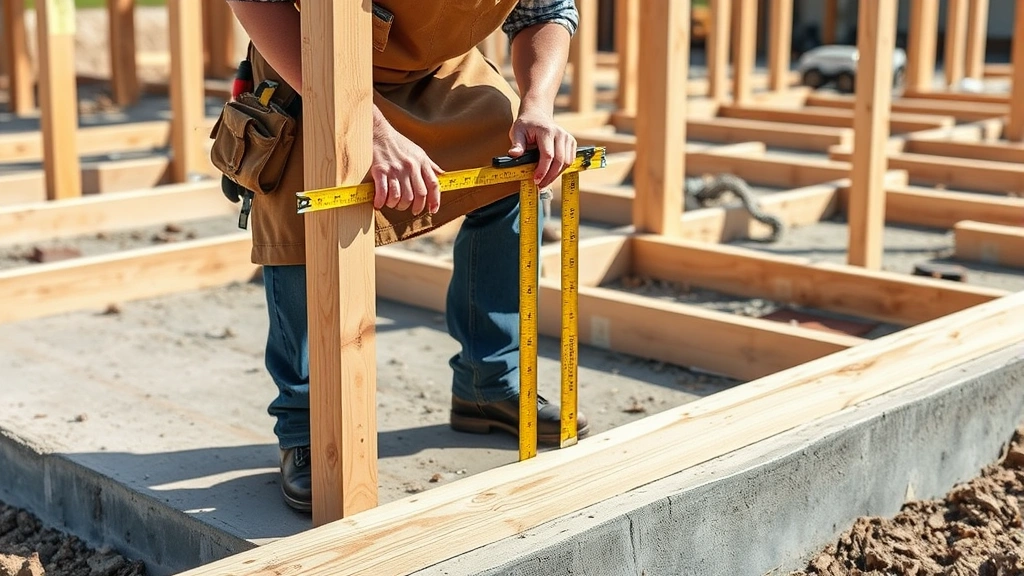 Professional carpenter measuring and marking wooden framing studs on a concrete foundation pad, wearing work apron with tools, bright daylight illuminating the construction site
