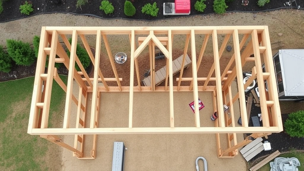 Overhead view of a completed shed frame with roof trusses installed, showing proper spacing and bracing, with surrounding landscaped yard visible in background