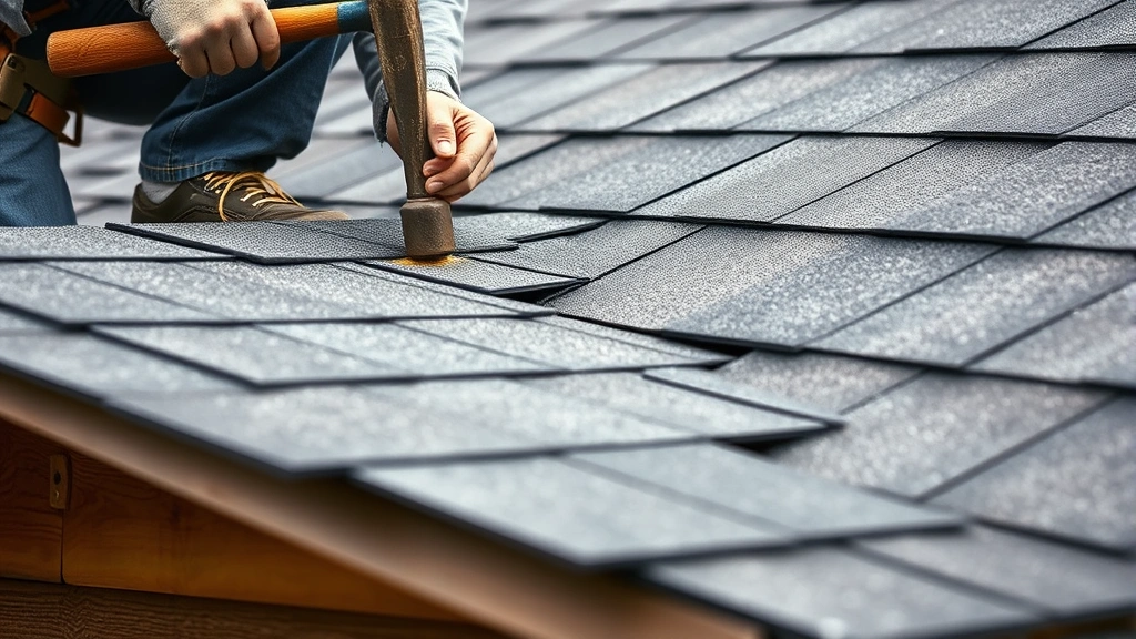 Close-up of roofer installing asphalt shingles on shed roof using roofing hammer, showing proper nailing technique and shingle overlap on pitched roof surface