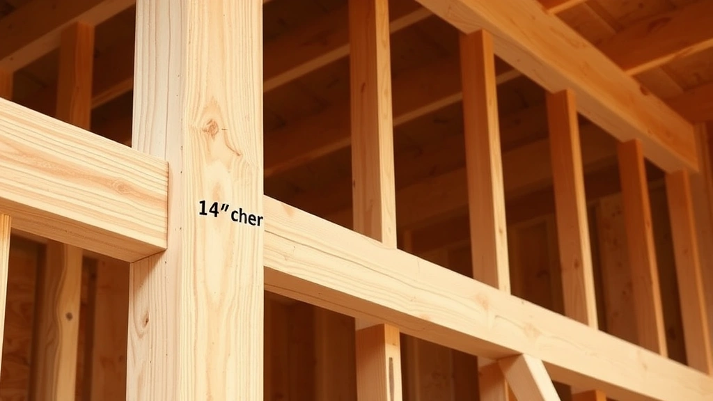 Close-up of wooden wall framing showing 2x4 studs spaced 16 inches on center with horizontal bracing, demonstrating proper structural framing technique for shed construction
