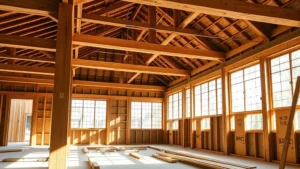 Traditional Japanese wooden post-and-beam structure during construction, showing large exposed timber joists and open floor plan framing with natural light streaming through window openings