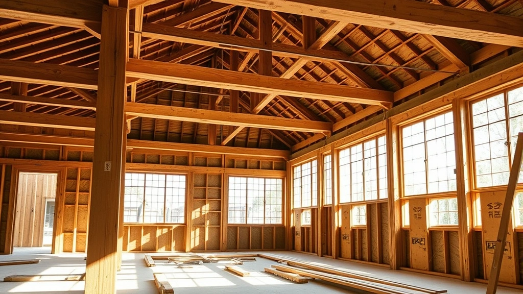 Traditional Japanese wooden post-and-beam structure during construction, showing large exposed timber joists and open floor plan framing with natural light streaming through window openings