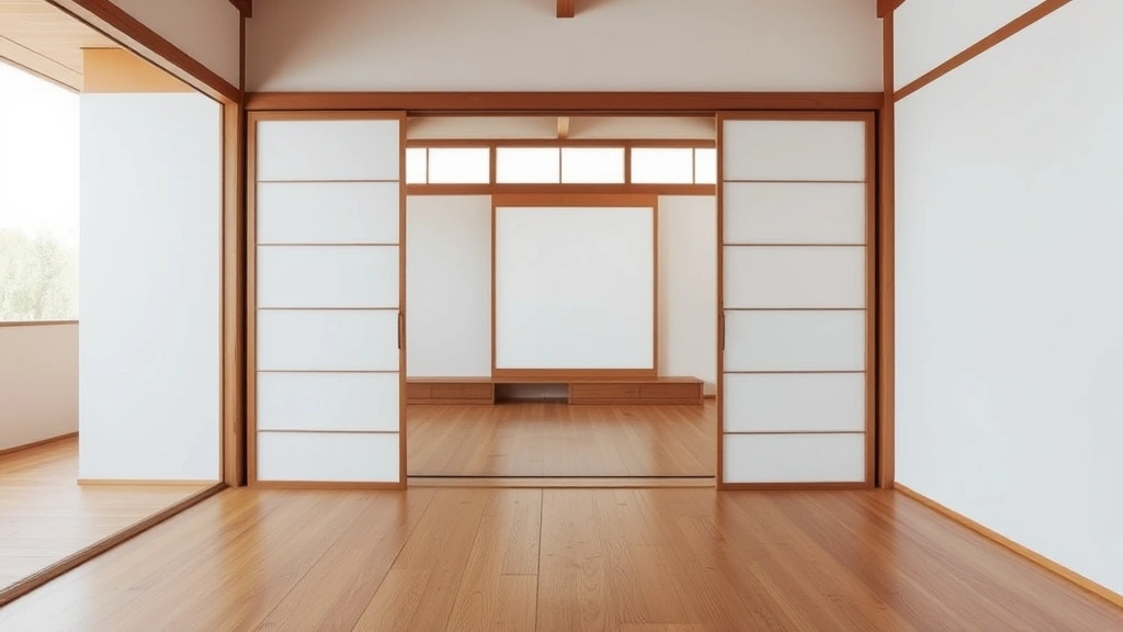Japanese-inspired interior space with sliding shoji doors, natural wood flooring, and minimalist design showing clean sight lines and carefully positioned architectural elements