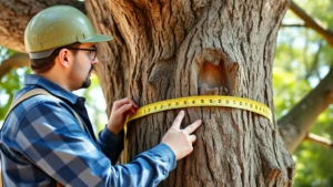 Professional arborist examining mature oak tree trunk with measuring tape, checking diameter and health for treehouse construction, bright daylight, detailed bark texture visible
