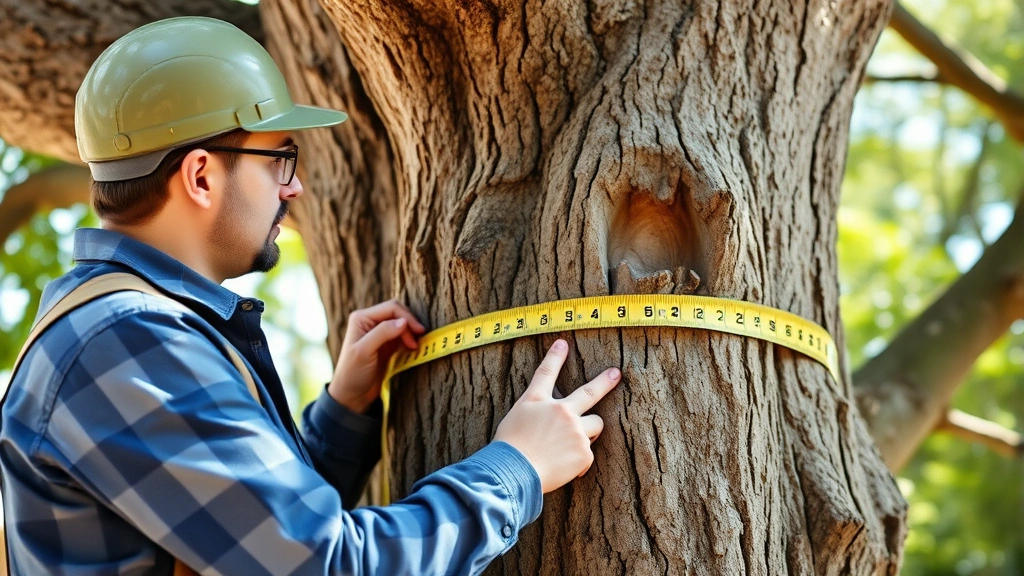 Professional arborist examining mature oak tree trunk with measuring tape, checking diameter and health for treehouse construction, bright daylight, detailed bark texture visible