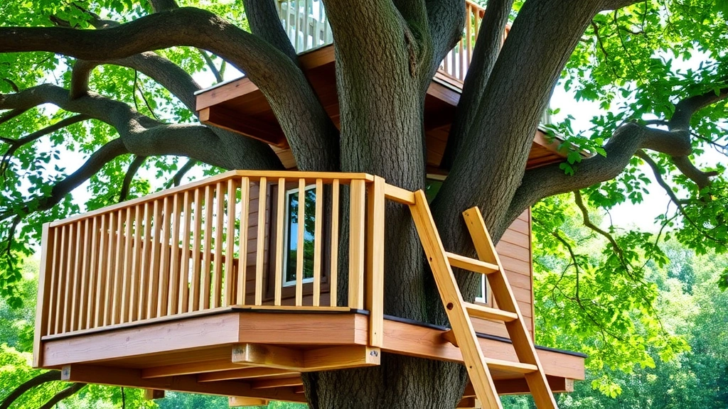 Completed treehouse platform with composite decking, sturdy railings, and wooden access ladder attached to healthy tree, surrounded by green foliage, daytime