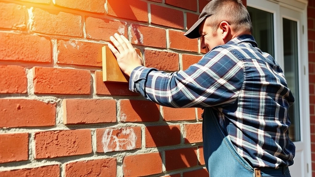 Professional mason laying red brick on residential home exterior wall with mortar and trowel, precise alignment, sunny day lighting