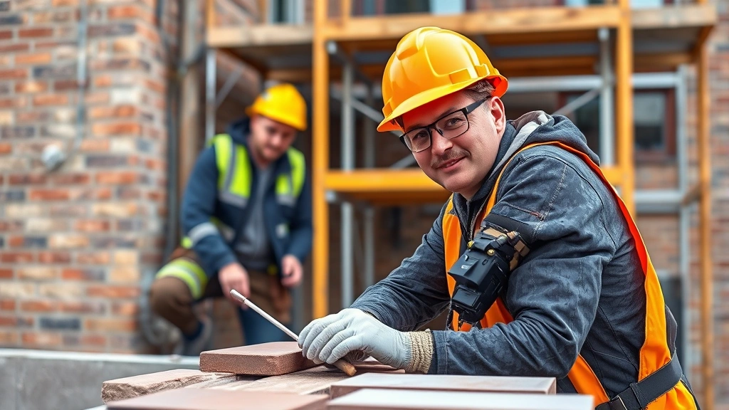 Apprentice mason in safety gear working on commercial building masonry project with experienced journeyman supervising, scaffolding visible background
