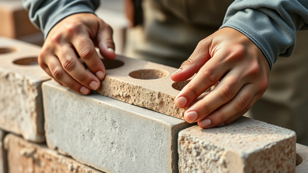 Detailed close-up of skilled mason hands placing concrete block with level and mortar, demonstrating proper technique and craftsmanship