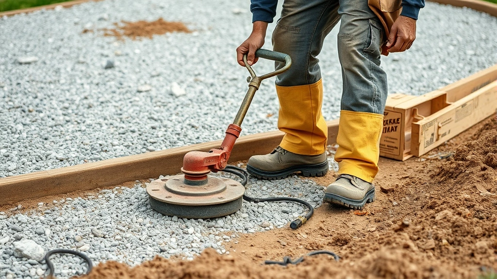 Worker compacting gravel base layer with hand tamper for shed foundation preparation, showing proper ground technique and safety equipment