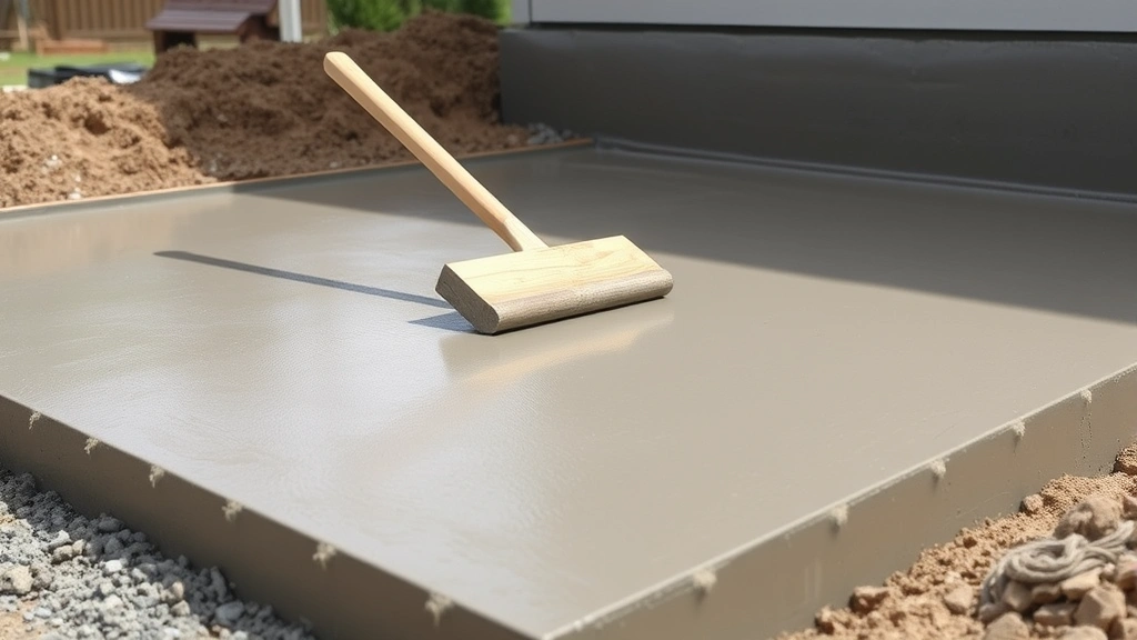 Concrete slab foundation being finished with wooden float tool, showing level surface and proper concrete pouring technique in residential setting