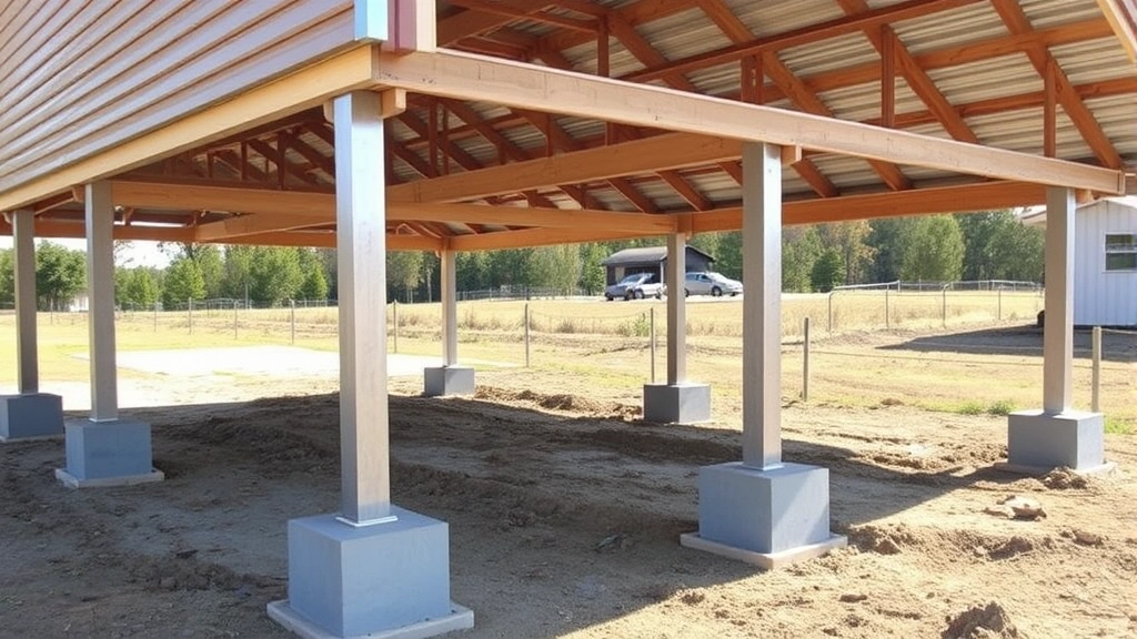 Installed pier and post foundation system with galvanized posts on concrete footings, showing elevated shed structure with proper ventilation space underneath