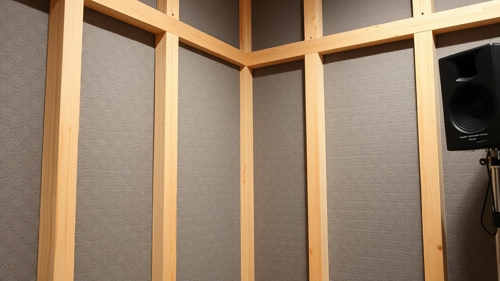 Close-up of acoustic bass trap installation in corner of music studio room, showing thick fiberglass absorption material mounted on wall frame with professional finishing
