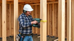 Professional carpenter framing shed walls with pressure-treated 2x4 lumber, using pneumatic nail gun, measuring tape visible, construction site with foundation piers