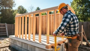 Professional carpenter measuring and marking treated lumber for shed wall framing on a level concrete foundation, showing proper stud spacing and layout in bright sunlight