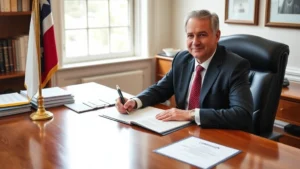 Professional notary public at wooden desk with official seal, journal, and commission certificate visible, natural lighting from window, organized workspace with documents
