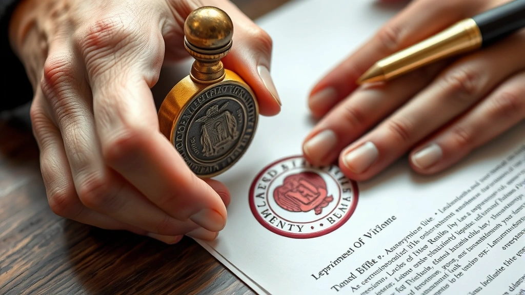 Close-up of notary seal creating embossed impression on official document, hands visible holding seal properly, clear detail of seal impression showing name and state