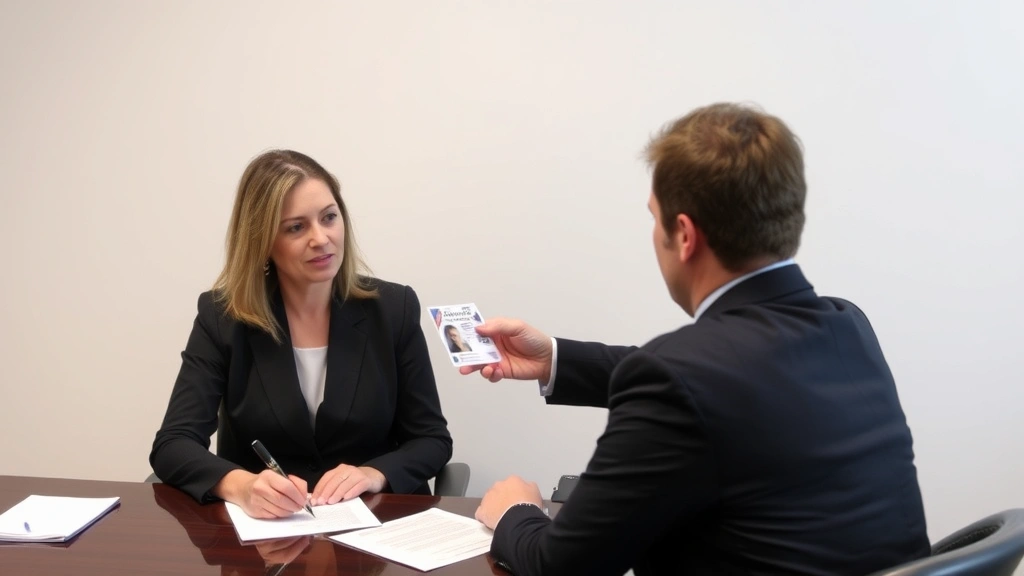 Notary conducting identity verification with client, examining government-issued photo ID at desk, professional attire, document on desk between them, neutral background