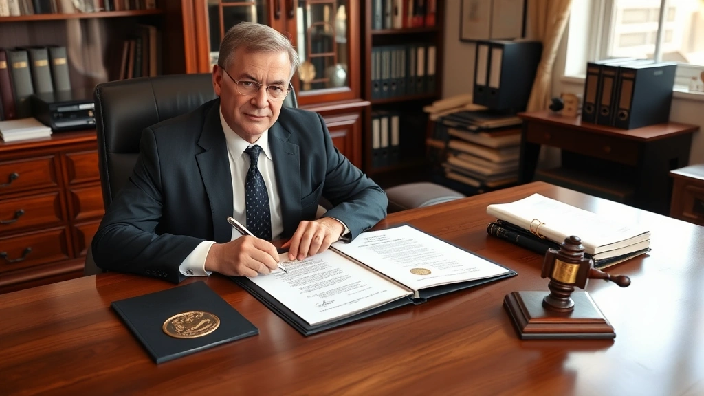 Professional notary public sitting at wooden desk with official seal, commission certificate, and journal notebook in home office environment, natural lighting from window, organized workspace with filing system visible