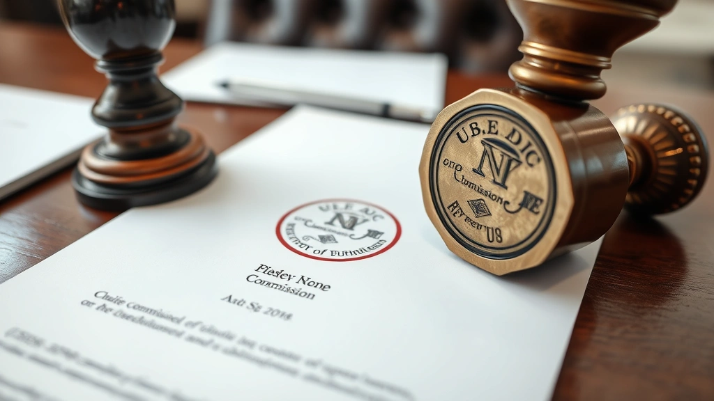 Close-up of notary seal stamp being pressed onto official document on desk, showing clear impression with name and commission details, professional office setting with leather chair in background