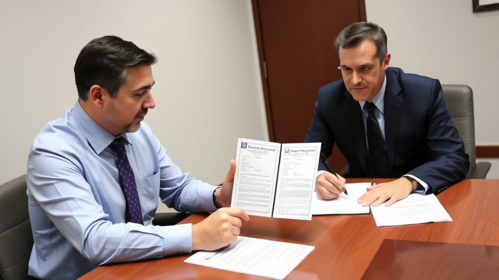 Notary public reviewing government-issued identification document next to signer in professional meeting room, both reviewing paperwork on table, professional attire, neutral background, focused expressions showing verification process