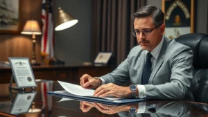 Professional notary public sitting at desk with official commission certificate and notary seal, reviewing documents under desk lamp in formal office setting