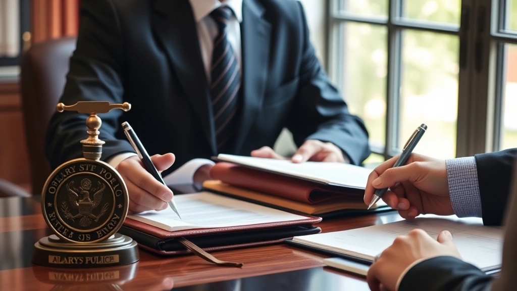 Professional notary public at desk with official seal, leather journal, and documents being signed by client, natural lighting, realistic office setting