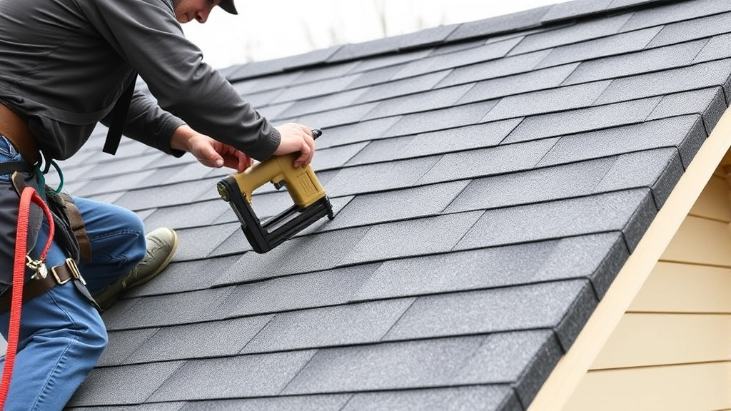 Worker installing asphalt shingles on gable roof with proper nail placement, using roofing nailer, roof pitch visible, safety harness attached to ridge beam