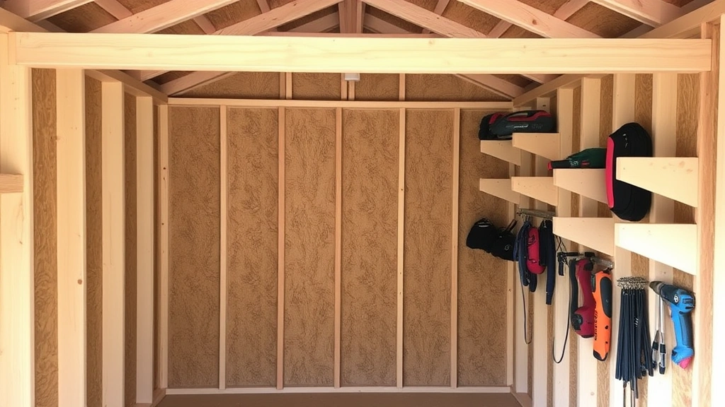 Interior view of completed shed showing wall framing, insulation between studs, plywood sheathing, and organized wall-mounted storage shelves with tools