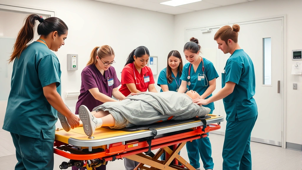 Diverse group of students in medical scrubs practicing patient transfer techniques on training dummy in bright clinical training facility