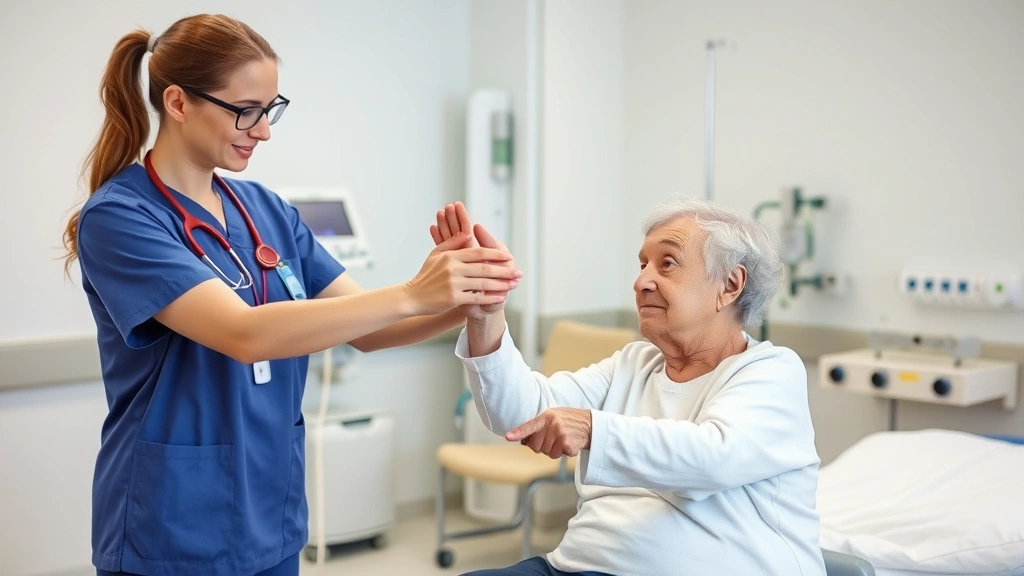 Patient Care Technician assisting elderly patient with mobility exercises in clean hospital room with medical equipment in background