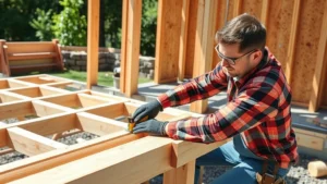 Professional carpenter measuring and marking pressure-treated lumber for shed framing on a concrete foundation, wearing safety glasses and work gloves, bright daylight construction site