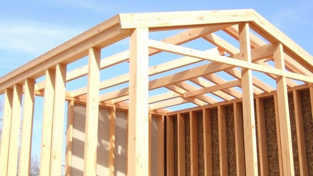 Completed shed frame structure showing wall framing with vertical studs and horizontal blocking, roof rafters installed at proper angle, no walls or roofing yet, clear sky background