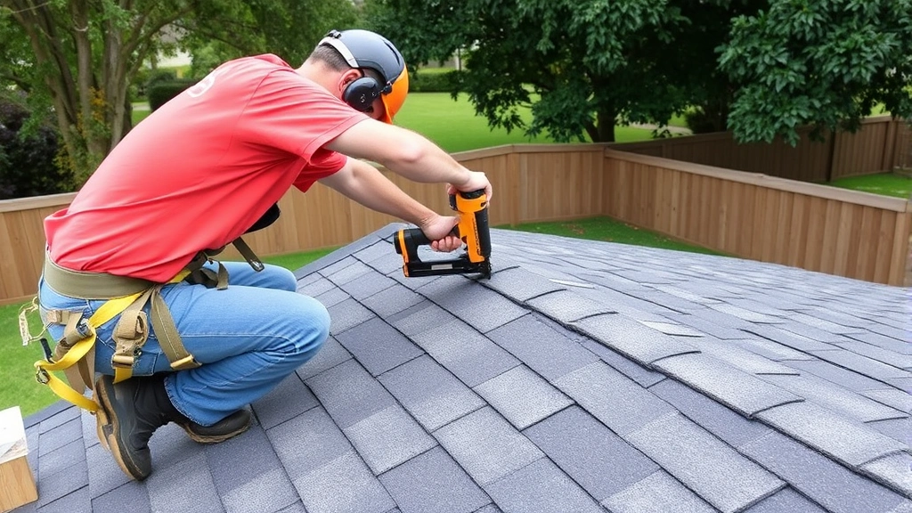 Worker installing asphalt shingles on shed roof, using roofing nailer, demonstrating proper technique with safety harness, residential backyard setting with trees in distance