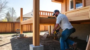 Professional carpenter installing pressure-treated deck posts and beams on concrete footings, using level and power tools, sunny day with clear shadows
