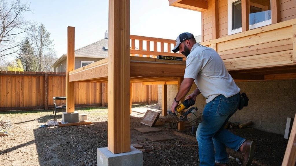 Professional carpenter installing pressure-treated deck posts and beams on concrete footings, using level and power tools, sunny day with clear shadows